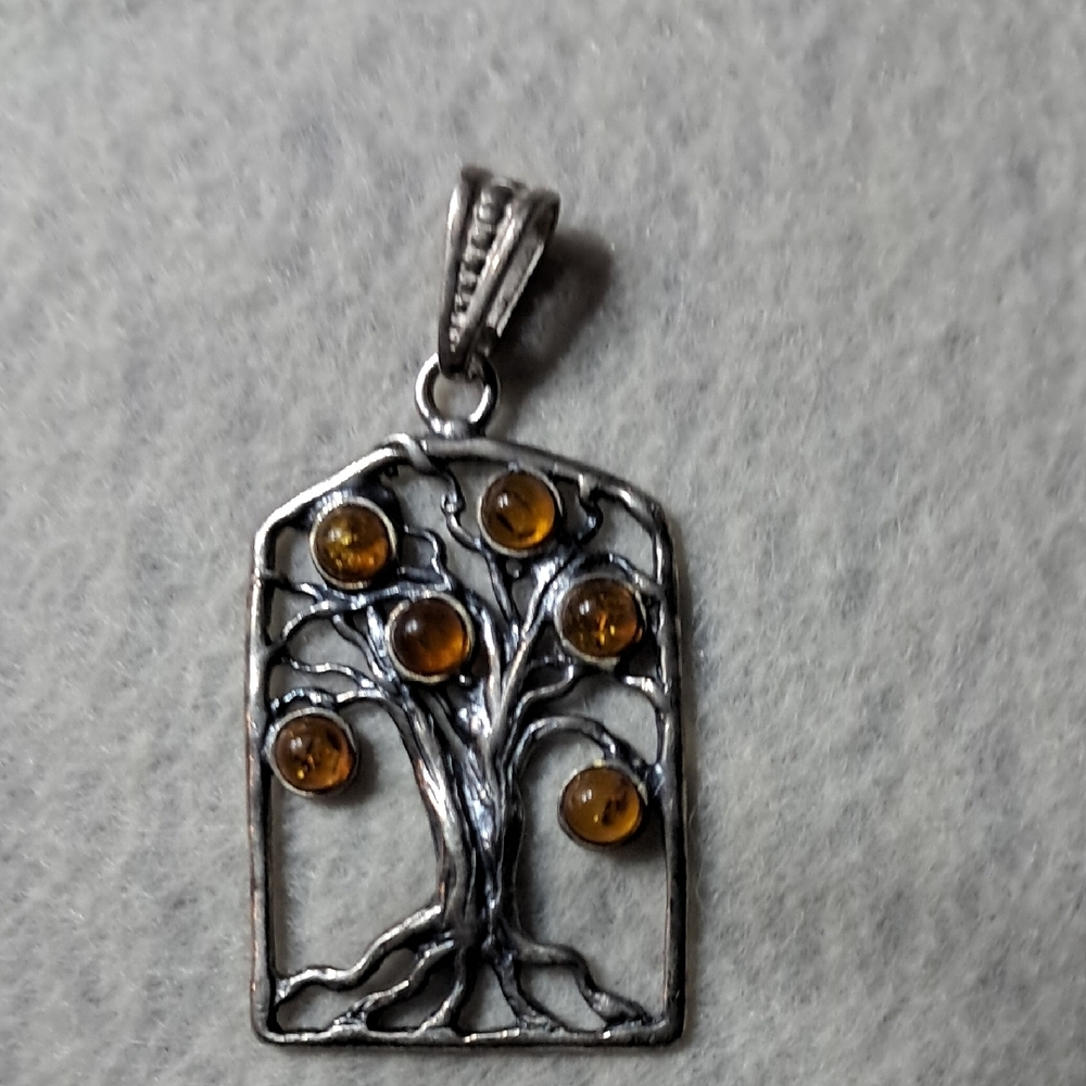 Silver Tree Pendant with Amber Accents
